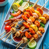 шашлычки из рыбы и морепродуктов в соевом соусе